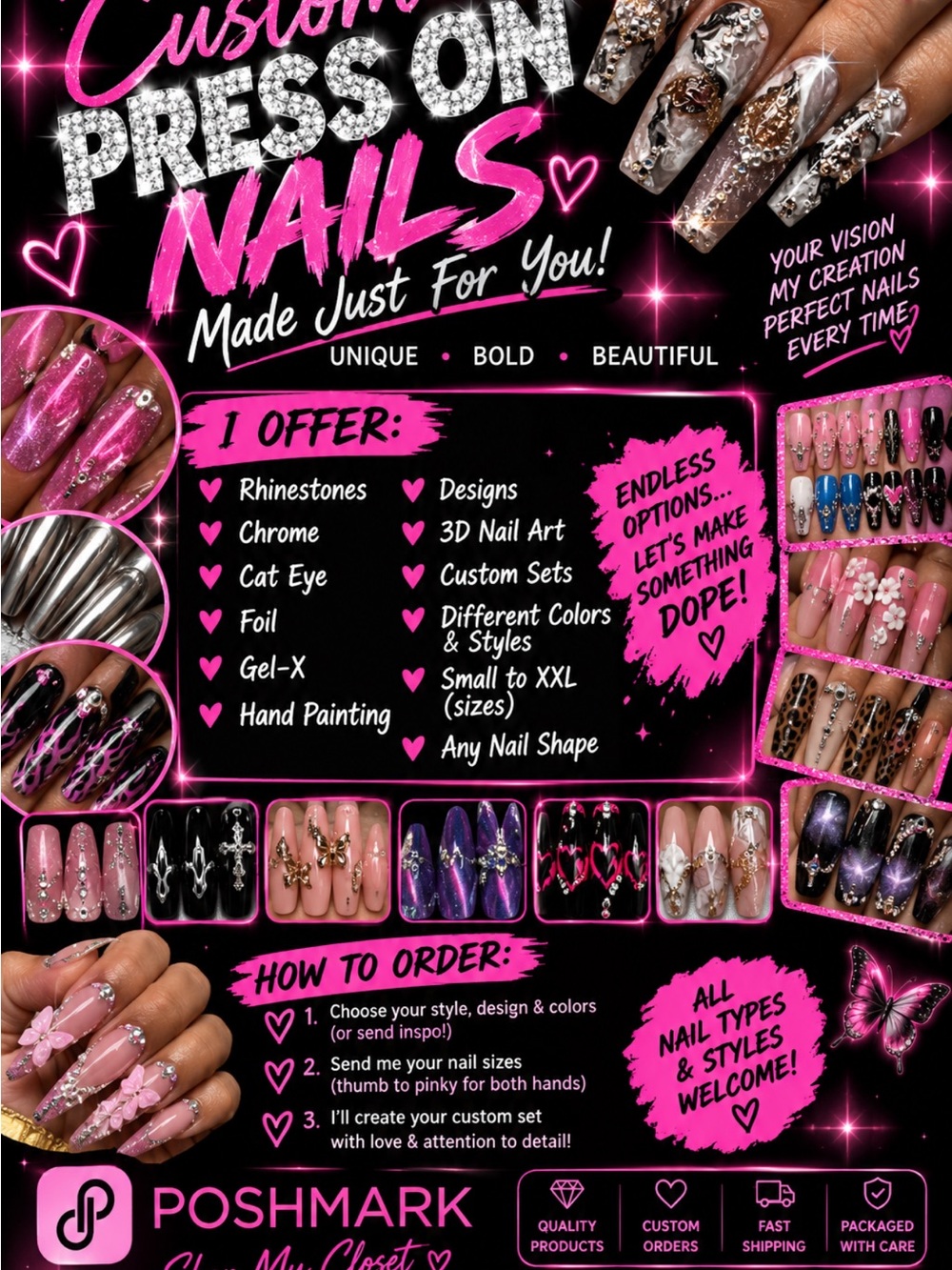 Custom Press-On Nails - Pink Glitter & Accent Designs Message Me For More Info!